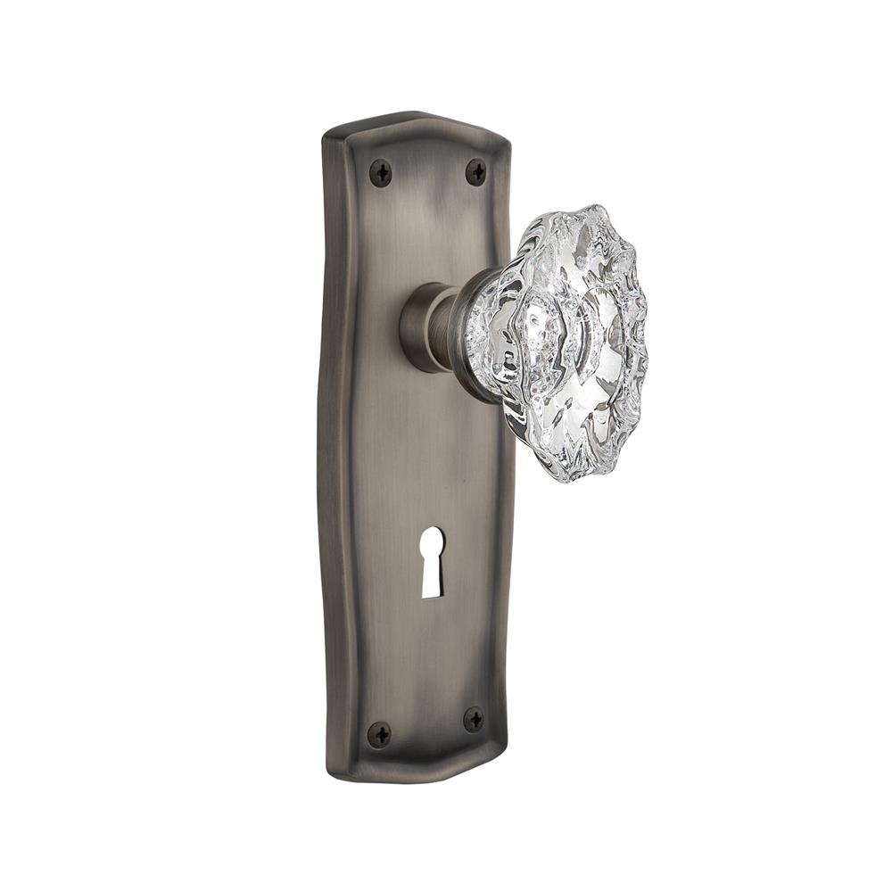 Nostalgic Warehouse PRACHA Complete Mortise Lockset Prairie Plate with Chateau Knob in Antique Pewter